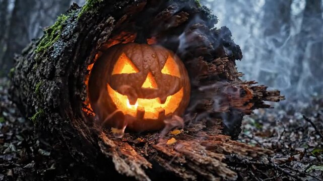 Carved halloween jack o lantern glows inside a dark forest log