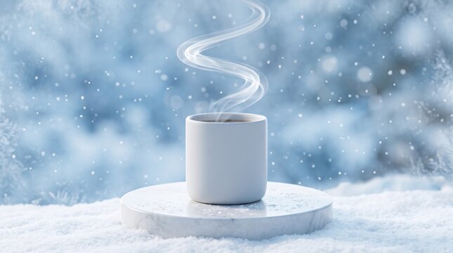 Steaming cup of hot beverage on marble stand in snowy winter