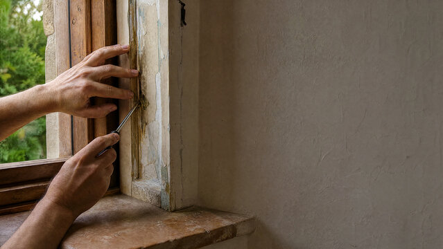Hands probing a rotted wooden window frame