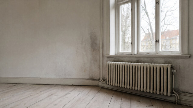Cold wall behind an old European radiator