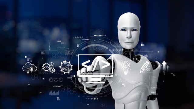 A robotic humanoid figure engages with a digital interface filled with technology icons, representing data analysis, programming, and innovative solutions in a modern environment. Synapse