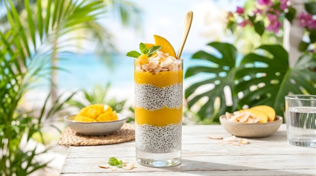 Mango and coconut chia seed pudding in glass on tropical beach table