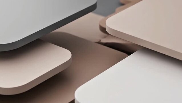 Abstract composition of stacked rectangular boards with rounded corners in neutral earth tones.