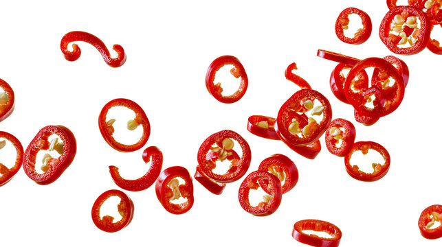 Isolated vibrant red hot chili pepper slices and pieces dynamically arranged