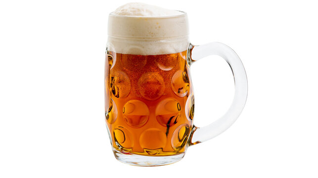 Isolated traditional glass beer mug filled with cold frothy golden amber lager beverage