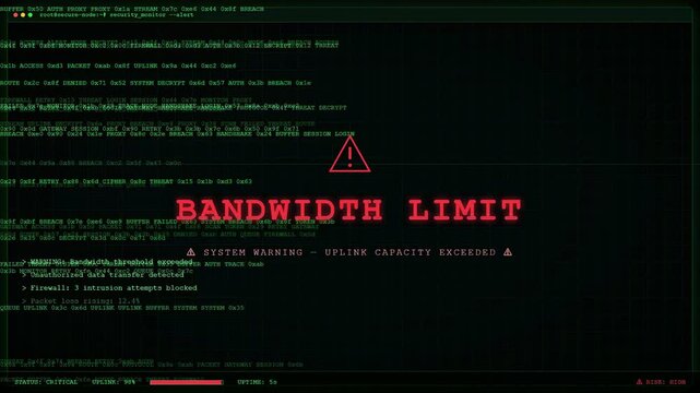 Digital screen displaying system warning with bandwidth limit alert and scrolling computer code