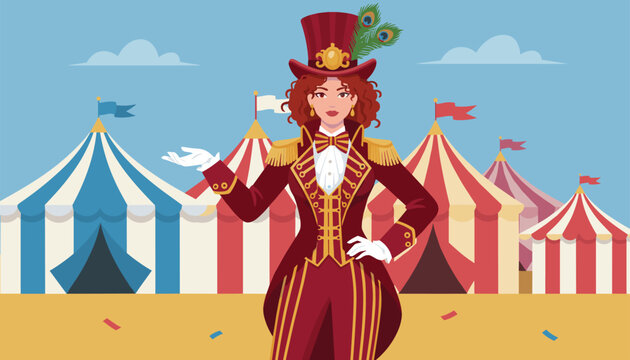 Female ringmaster with a feathered hat stands in front of several colorful circus tents on a sandy stage in this illustration.