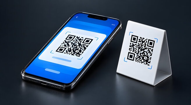 Smartphone displaying a qr code next to a white plastic desktop qr code stand sign for contactless payment on dark background