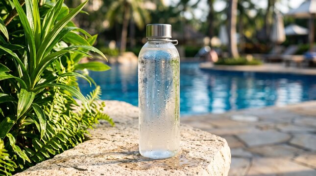Cold water bottle on stone ledge by swimming pool