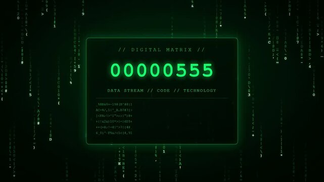 Digital matrix background with falling green code and rapidly increasing numeric counter on screen