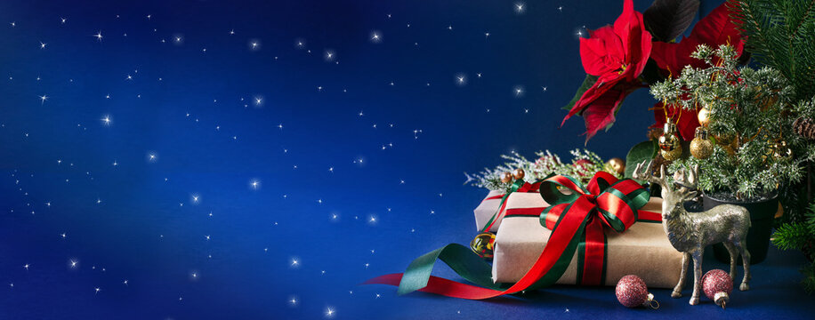 Christmas banner with gift box with bow, red poinsettia, decorative fir branch, deer and balls for tree decoraton on blue wide background template. New Year winter holiday composition with decor.