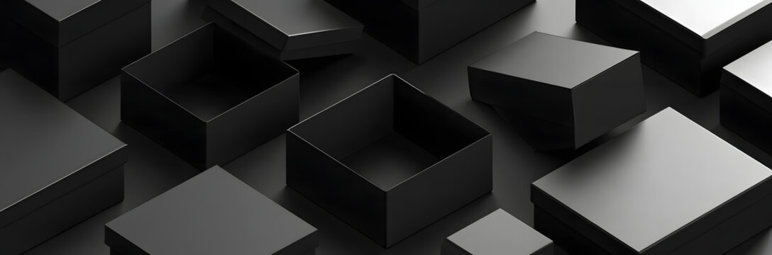 A group of solitary, empty, black gift boxes, with open lids, situated on a translucent backdrop, intended for use during Black Friday promotions or festive occasions. Isometric perspective.