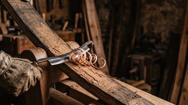 Gloved hands plane rough wood, showing wood shavings and tool in focus