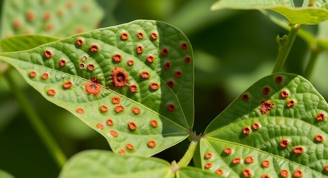 Close up of bean plant leaf affected by rust fungus with infection, pathology
