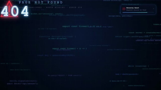 Digital 404 page not found error message with scrolling computer code on dark blue background