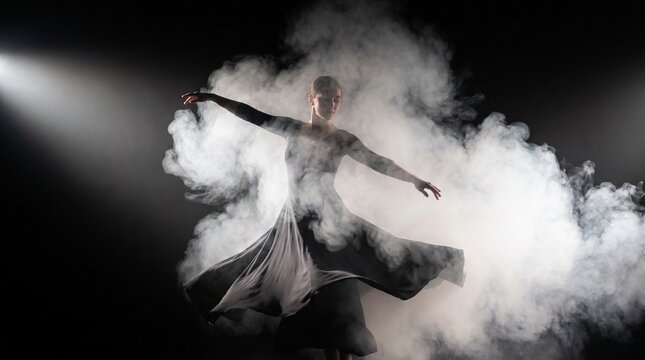 Ballerina dancing gracefully surrounded by dramatic smoke and spotlight on a dark stage