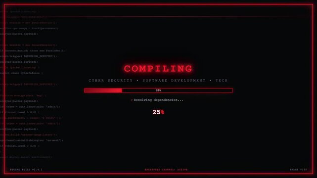 Digital screen showing computer code compiling with a red progress bar on black background