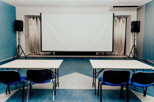 Interior of large classroom, student class at institute, conference hall lecture