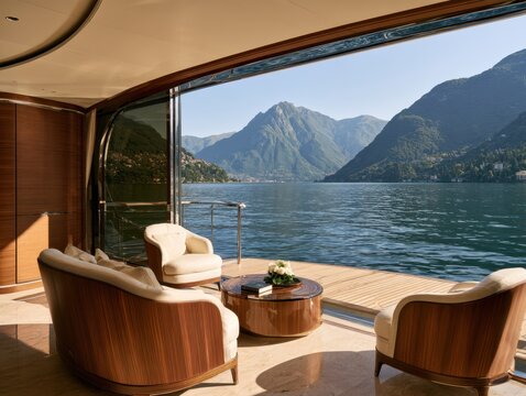 Luxury superyacht salon opening onto sunlit aft deck with cream lounge chairs, walnut finishes, panoramic mountain lake view, calm water, and refined indoor outdoor living