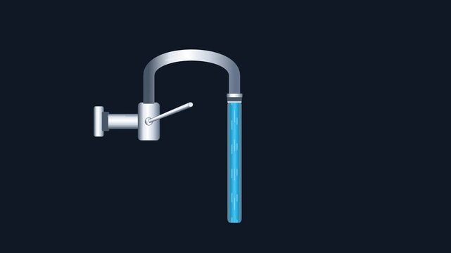 Stylized 2D animation motion graphic showing a metallic water tap and a continuous stream of fresh water