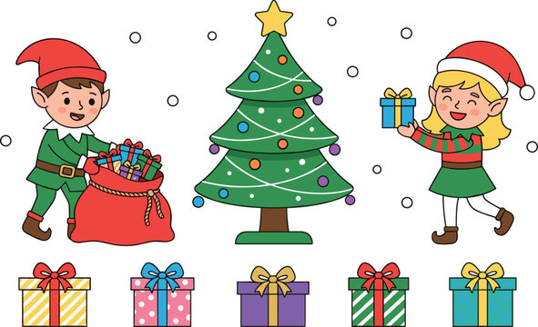 Cute Christmas elf couple cartoon character set decorating tree with holiday gift boxes and large santa sack vector illustration for festive stickers