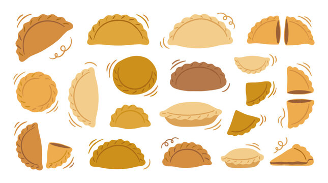 set of delicious empanadas with various shapes and fillings, savory baked dough snacks, pastry culinary collection, rustic food illustration