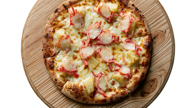 Isolated large size crab stick and pineapple pizza with melted cheese on a wooden board.