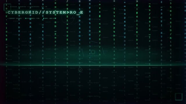 Abstract Digital Data Stream with Scrolling Binary Code and Futuristic Cyber Security Interface Elements