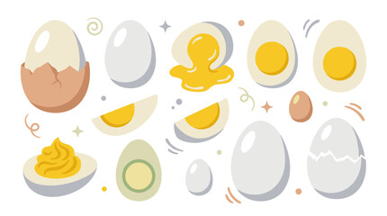 Fototapeta premium Set of various cooked and raw eggs showing halved, peeled, and cracked shell styles for culinary illustration, food menu, recipe decoration