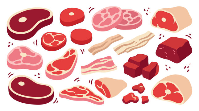 Set of raw meat cuts including steaks, bacon strips, and chopped beef for culinary menu design, restaurant branding, food market illustrations