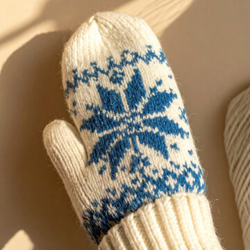 Wool mitten with blue snowflake pattern and ribbed cuff, photographed in warm sunlight beside yarn ball, creating cozy winter craft scene with textured detail