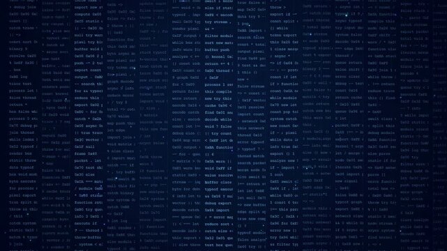 Digital blue computer code scrolling on screen representing software development and cybersecurity data processing