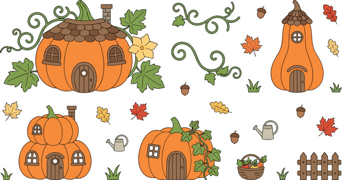 Cute pumpkin house cartoon set with fairy squash cottages autumn leaves acorns watering can and wooden fence vector illustration for halloween stickers