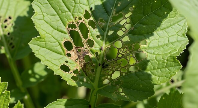 Green leaf with insect damage showing multiple holes and nibbled edges, parasite