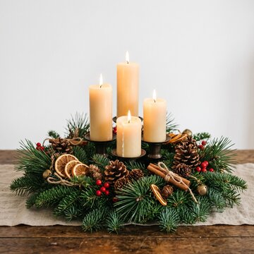 Christmas Advent Wreath with Four Burning Candles and Natural Decorations