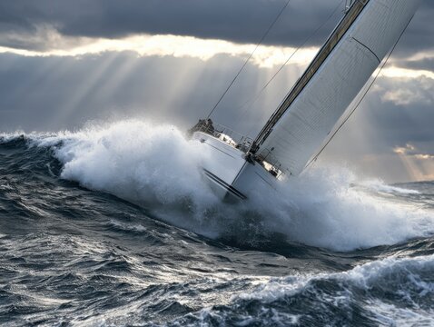 Powerful sailing yacht cutting through rough open sea waves under dramatic storm clouds and radiant sunbeams, with huge spray bursting from hull during fast offshore passage