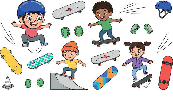 Cute kids skateboarding cartoon character set with skateboards safety helmets pads and concrete ramp vector illustration for extreme sport stickers