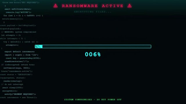 Digital screen displaying a ransomware attack with progress bar and scrolling computer code