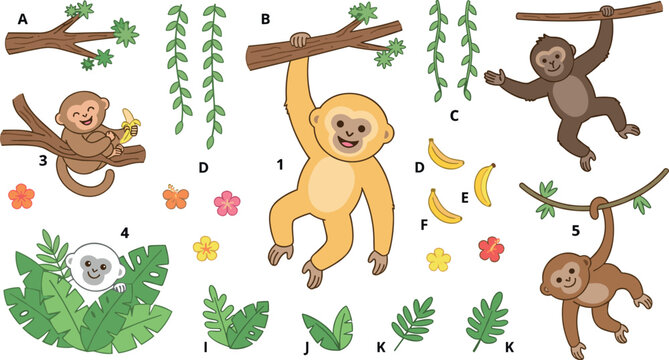 Cute monkey cartoon character set hanging on tree branches with bananas jungle leaves and tropical flowers vector clipart illustration for kids