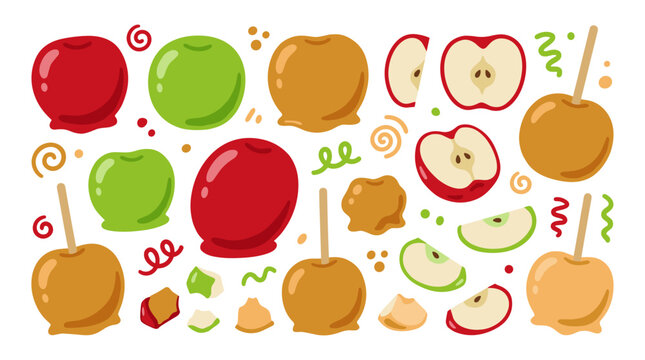 Set of fresh red and green apples with caramel coated treats, slices and wedges, harvest fruit snacks, autumn festive food, sweet dessert elements