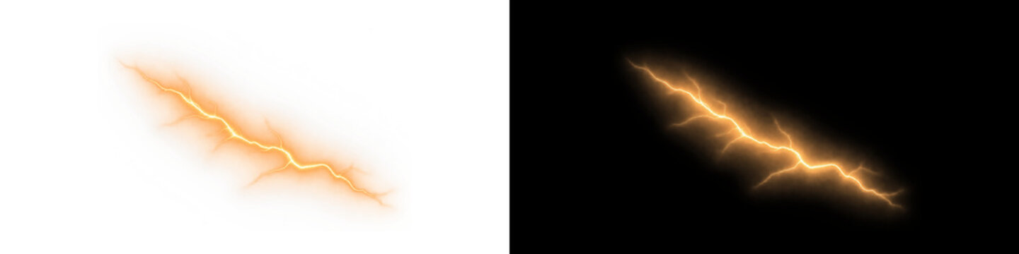 Branching golden lightning bolt on transparent background, powerful jagged yellow plasma thunder spark discharge with glowing energy. High voltage meteorological storm delivers electrical strike.