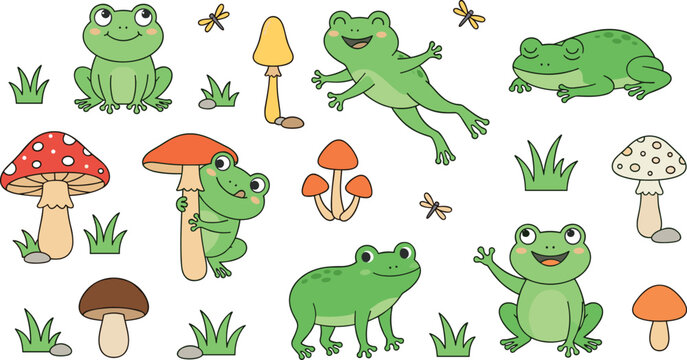 Cute frog cartoon character set with colorful forest mushrooms poison toadstools dragonflies and green grass tufts vector illustration for cottagecore stickers