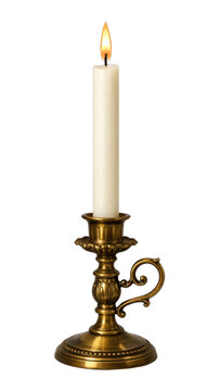 PNG Elegant brass candlestick with lit white candle.