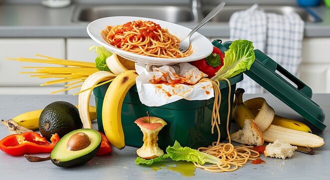 Overflowing kitchen trash can filled with various food waste and leftovers