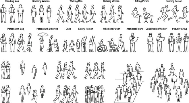 Architectural scale figures set with labels, people silhouettes for elevation and sections