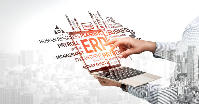 A business professional engages with ERP software on a laptop, surrounded by urban scenery and dynamic data visualizations, highlighting modern corporate strategies. Tessel