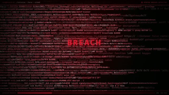 Digital data breach animation with scrolling computer code and red warning text on black background