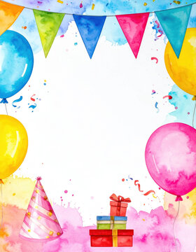 Watercolor party decoration with colorful balloon, bunting, gift box, and party hat creating festive celebration background