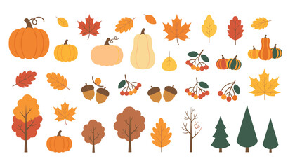 Obraz premium Autumn vector illustration set with pumpkins, leaves, trees, and acorns isolated on white background