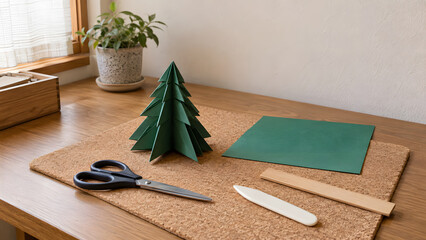 Obraz premium 緑の折り紙で作るクリスマスツリーと紙工作の道具